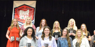 
			
				                                The Southern Buckeye Athletic/Academic Conference American Division First Team of girls basketball all-stars pose with their awards. Front row, from the left, Miya Nance (Wilmington), Elle Martin (Wilmington), Olivia Fischer (Western Brown) and Alyssa Campbell (Western Brown); back row, Peyton Shafer (Goshen), Myah Redmon (Goshen), Aubrie Huxel (Goshen), Hannah Bowman (Clinton-Massie), Lucy Thompson (Batavia) and Averie Layman (Batavia). Photo by Wade Linville
 
			
		