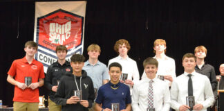 
			
				                                The 2023-24 Southern Buckeye Athletic/Academic Conference American Division First Team of boys basketball all-stars pose with their awards. Front row, from the left, Jayceon Kibler (Wilmington), Mikey Brown (Wilmington), Jet Jamison (Western Brown) and Abe Crall (Western Brown); back row, Rylan Utter (New Richmond), Caden Zeinner (Goshen), Conner Moore (Goshen), Jerry Trout (Clinton-Massie), Jess Roller (Batavia), and Conner McElfresh (Batavia). Photo by Wade Linville
 
			
		
