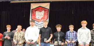 
			
				                                The 2023-24 Southern Buckeye Athletic/Academic Conference American Division First Team of boys wrestling all-stars pose with their awards during the March 12 banquet. From the left, Mythias Stuckey (Wilmington), Darius Stewart (Wilmington) Josiah Puller (Wilmington), Max McCoy (Wilmington), Cadyn Denniston (Goshen), Jaden Owens (Goshen), Kash Keitz (Goshen), Gage Croley (Goshen), Conner Musser (Clinton-Massie), Brendan Musser (Clinton-Massie), Cash Mounce (Clinton-Massie), and Hunter Monds (Clinton-Massie). Not pictured are Cody Lisle (Clinton-Massie) and Elijah Groh (Clinton-Massie). Photo by Wade Linville
 
			
		